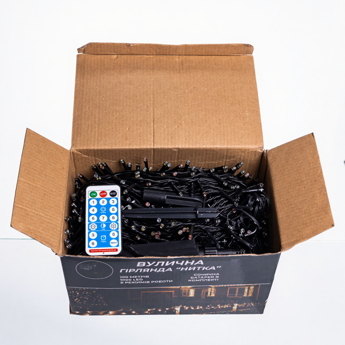 Новорічна гірлянда вулична 100 м 1000 LED з сонячною батареєю чорний провід Мультиколір SB1000L100MBML (34365)