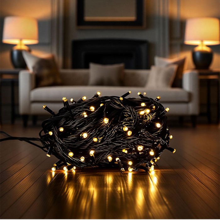 Новорічна гірлянда кімнатна нитка 22 м 220 LED чорний провід Жовтий W220LED22MBY (37157)