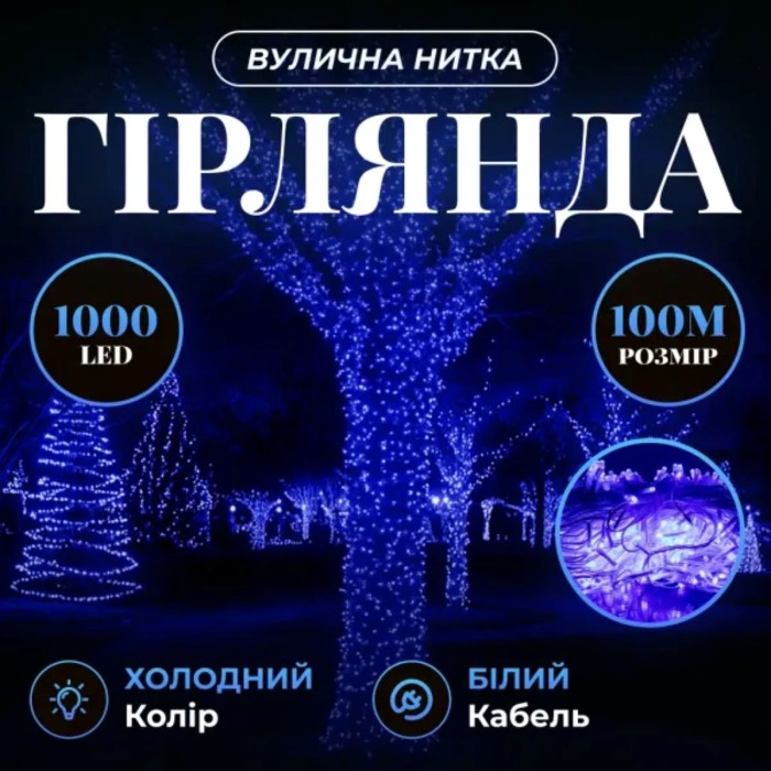 Гірлянда Різдвяна фея вулична 100 м 1000 LED білий провід Синій CF1000L100MWBL (63971)