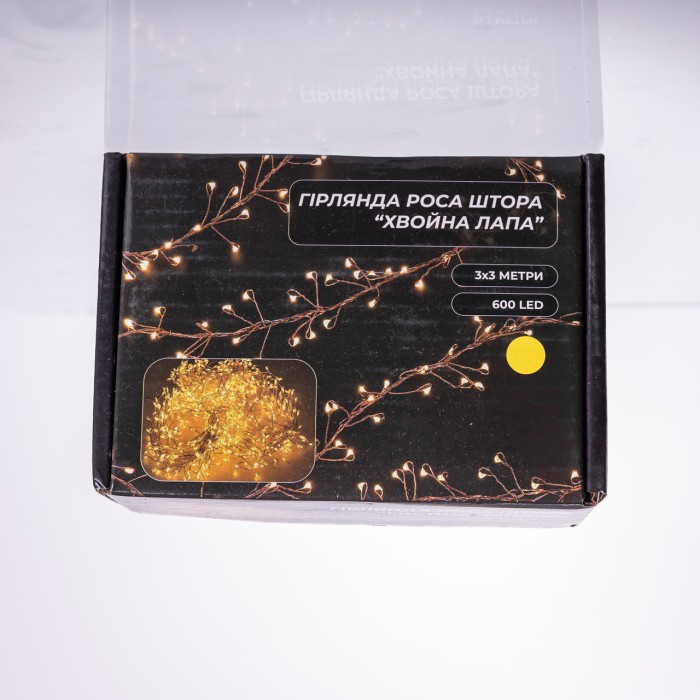 Новорічна гірлянда кімнатна штора роса Хвойна лапа 3х3 м 600 LED Жовте світло D600LED3MY (51579)