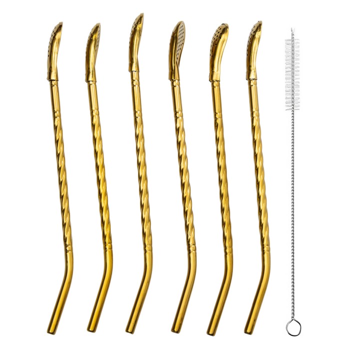 Набір багаторазових ложок-трубочок 6 шт для напоїв 19,5 см з щіткою Золотистий HP-20-56 (33106)