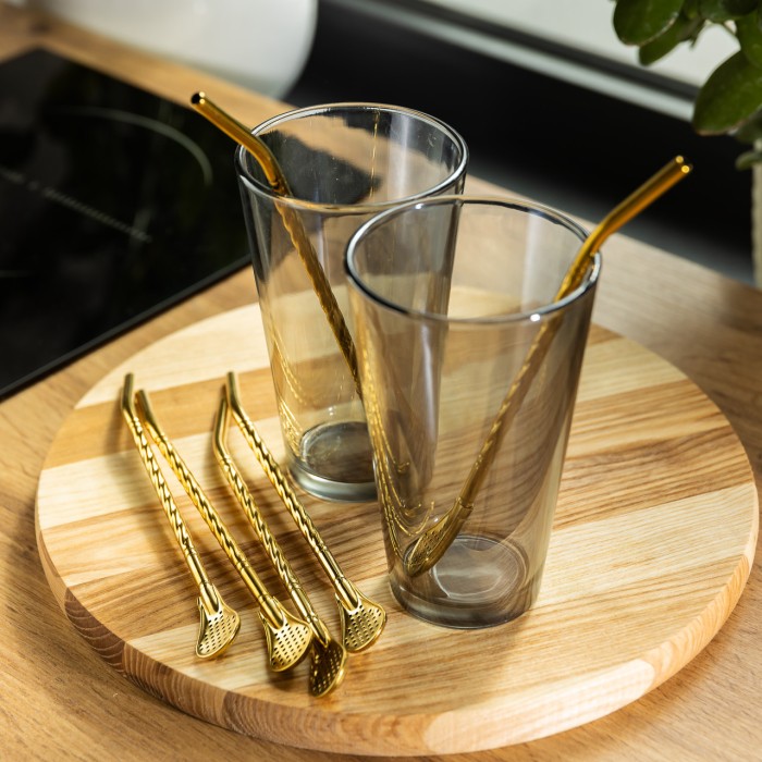 Набір багаторазових ложок-трубочок 6 шт для напоїв 19,5 см з щіткою Золотистий HP-20-56 (33106)