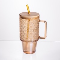 Скляна чашка з кришкою і трубочкою 750 мл Коричнева HP-19-50NR (55151)