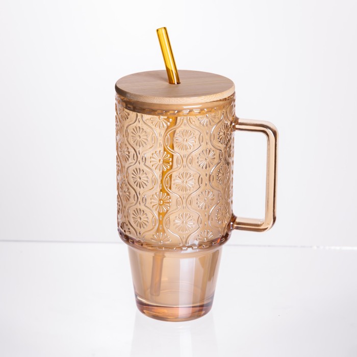 Скляна чашка з кришкою і трубочкою 750 мл Коричнева HP-19-50NR (55151)