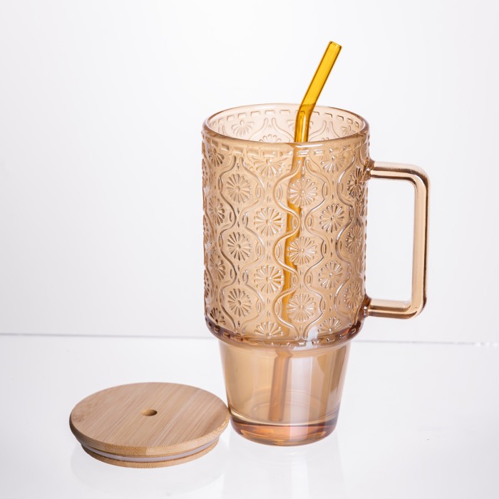 Скляна чашка з кришкою і трубочкою 750 мл Коричнева HP-19-50NR (55151)