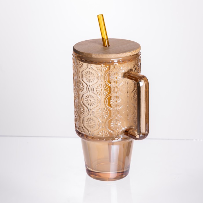 Скляна чашка з кришкою і трубочкою 750 мл Коричнева HP-19-50NR (55151)