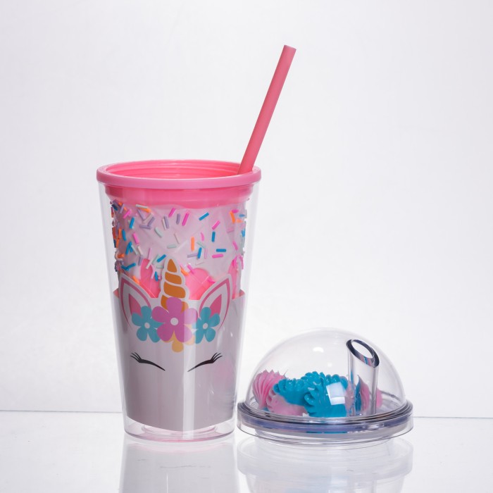 пластиковий стакан з трубочкою і кришкою 400 мл багаторазовий Рожевий HP-18-1P (13286)