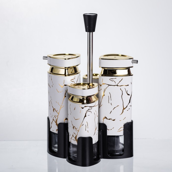 Набір баночок для спецій і рідких текстур 4 предмети на підставці білий мармур HP-1331 (50215)