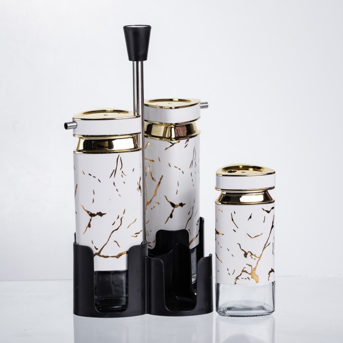 Набір баночок для спецій і рідких текстур 4 предмети на підставці білий мармур HP-1331 (50215)