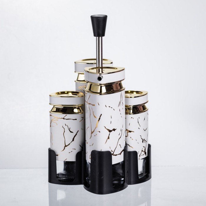Набір баночок для спецій і рідких текстур 4 предмети на підставці білий мармур HP-1331 (50215)