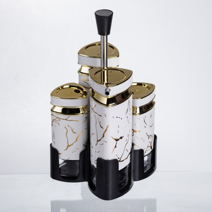 Набір баночок для спецій і рідких текстур 4 предмети на підставці білий мармур HP-1331 (50215)