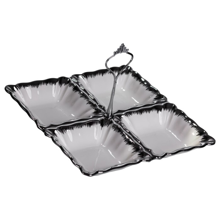 Менажниця порцелянова на 4 секції 22.5×22.5×3 (см) з ручкою Білий зі сріблом LC-BYL-101-S (83660)