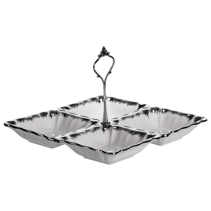 Менажниця порцелянова на 4 секції 22.5×22.5×3 (см) з ручкою Білий зі сріблом LC-BYL-101-S (83660)