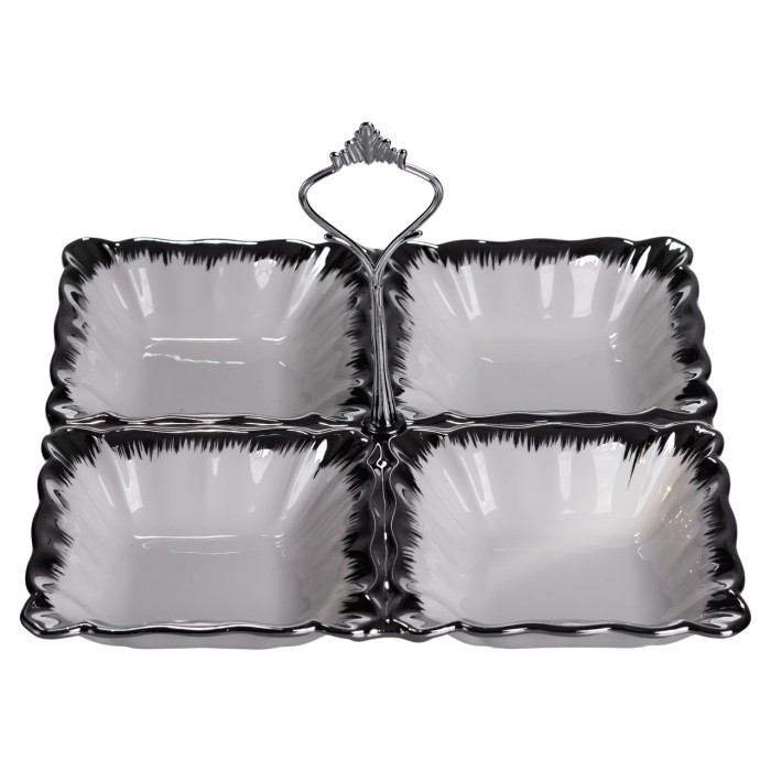 Менажниця порцелянова на 4 секції 22.5×22.5×3 (см) з ручкою Білий зі сріблом LC-BYL-101-S (83660)