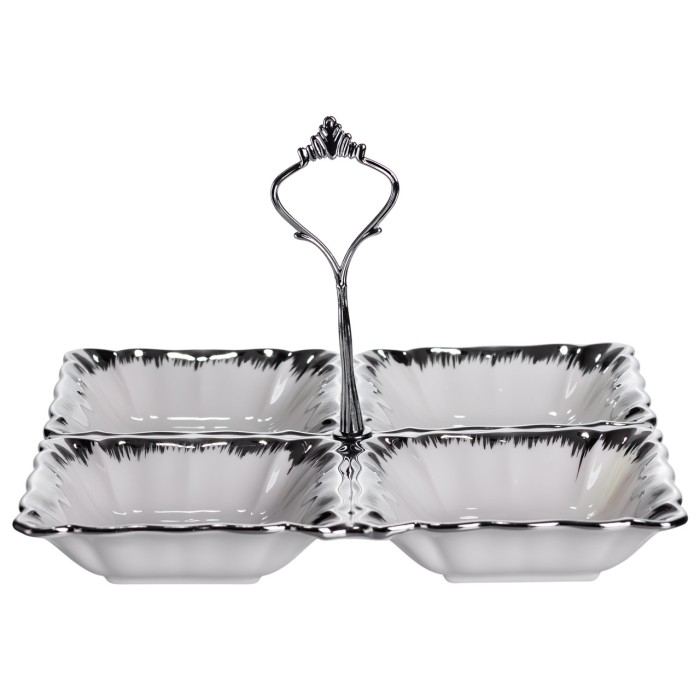 Менажниця порцелянова на 4 секції 22.5×22.5×3 (см) з ручкою Білий зі сріблом LC-BYL-101-S (83660)