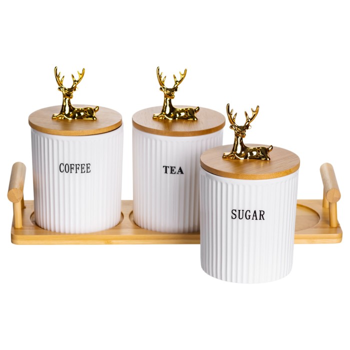 Набір порцелянових банок для сипучих продуктів на підставці з ручками 3 шт по 400 мл SCT-650 (60654)