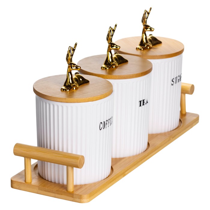 Набір порцелянових банок для сипучих продуктів на підставці з ручками 3 шт по 400 мл SCT-650 (60654)