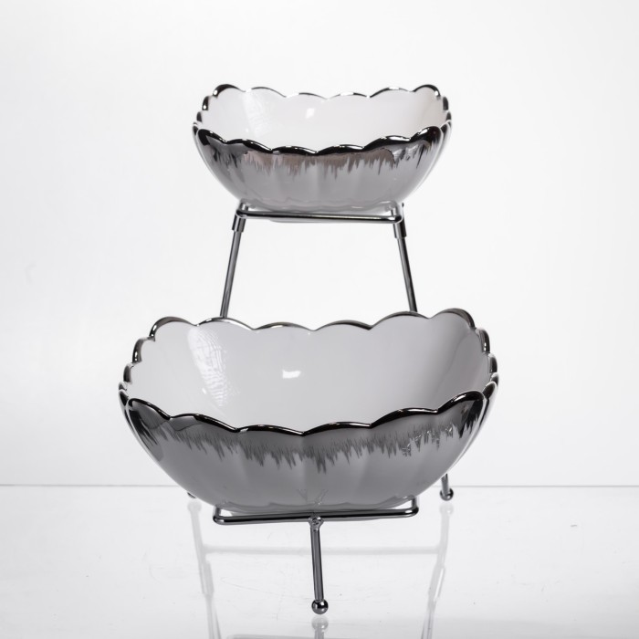 Фруктовниця на 2 яруси фуршетна 27×21×25 (см) Біла з сріблом 2561-1AS (33197)