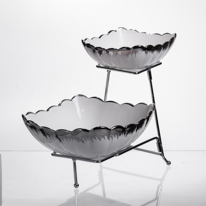 Фруктовниця на 2 яруси фуршетна 27×21×25 (см) Біла з сріблом 2561-1AS (33197)