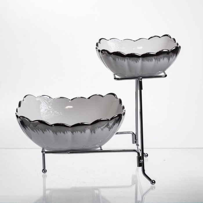 Фруктовниця на 2 яруси фуршетна 27×21×25 (см) Біла з сріблом 2561-1AS (33197)