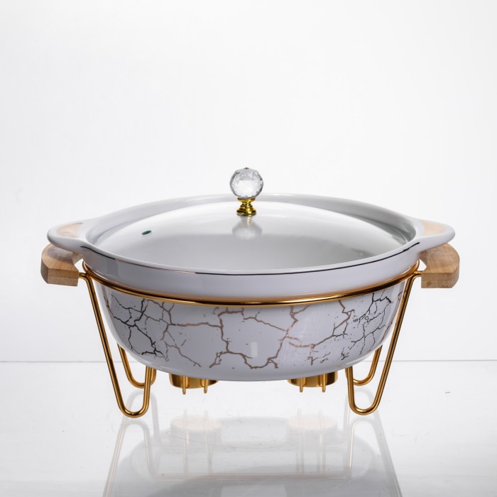 Марміт порцеляновий настільний круглий 2 (л) з підігрівом Білий мармур LC-712 (29783)