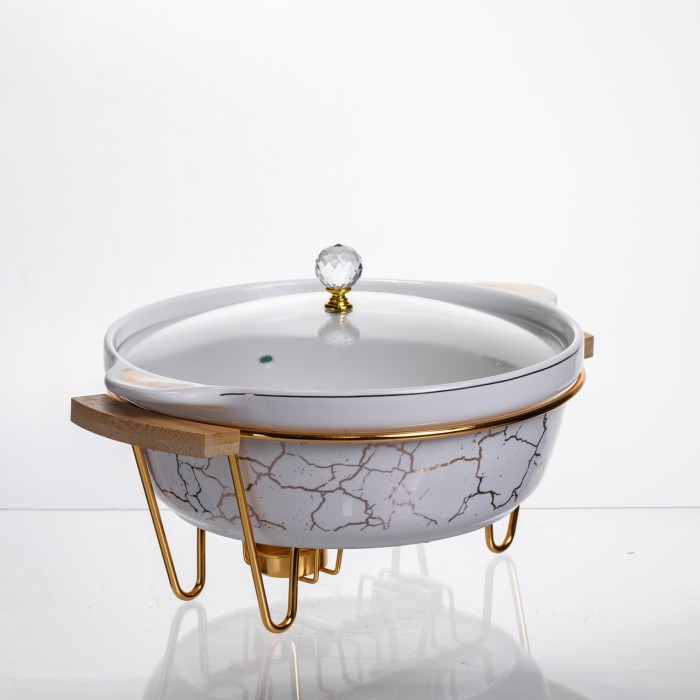 Марміт порцеляновий настільний круглий 2 (л) з підігрівом Білий мармур LC-712 (29783)