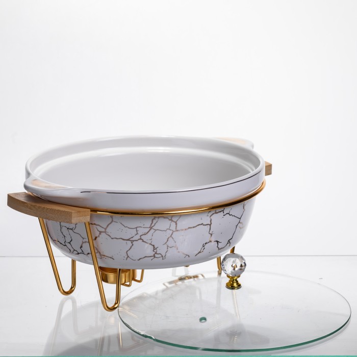 Марміт порцеляновий настільний круглий 2 (л) з підігрівом Білий мармур LC-712 (29783)