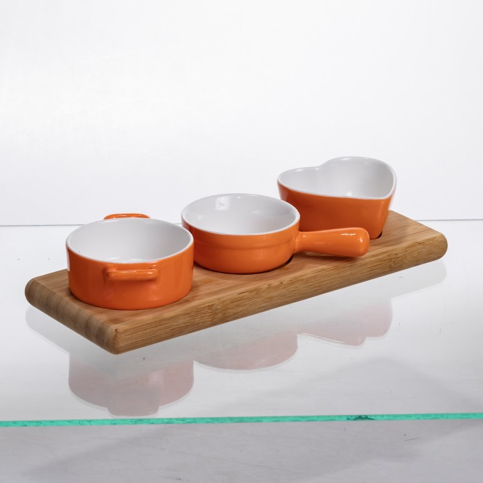 Набір порцелянових менажниць3 (шт) по 50 (мл) на бамбуковій підставці Помаранчевий HZ001-O (52777)