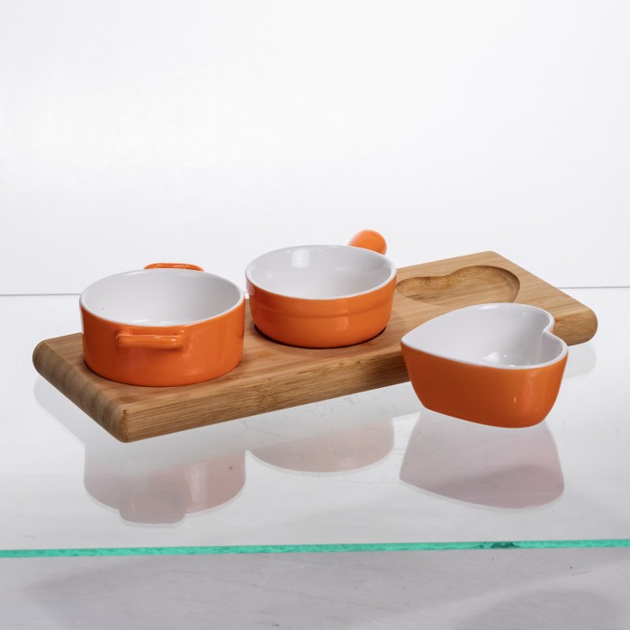 Набір порцелянових менажниць3 (шт) по 50 (мл) на бамбуковій підставці Помаранчевий HZ001-O (52777)