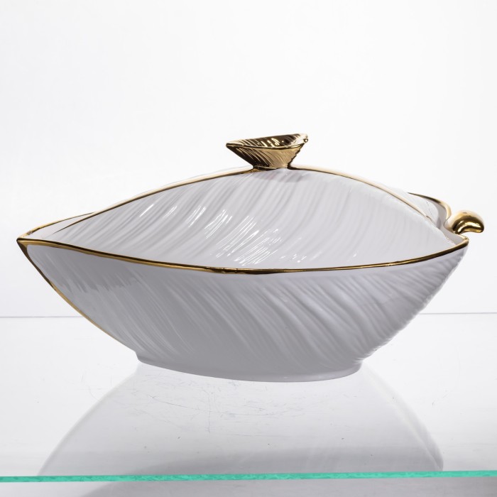 Супниця 800 (мл) порцелянова 32×21×16 (см) з кришкою Біла з золотом XL-4054AG (38202)