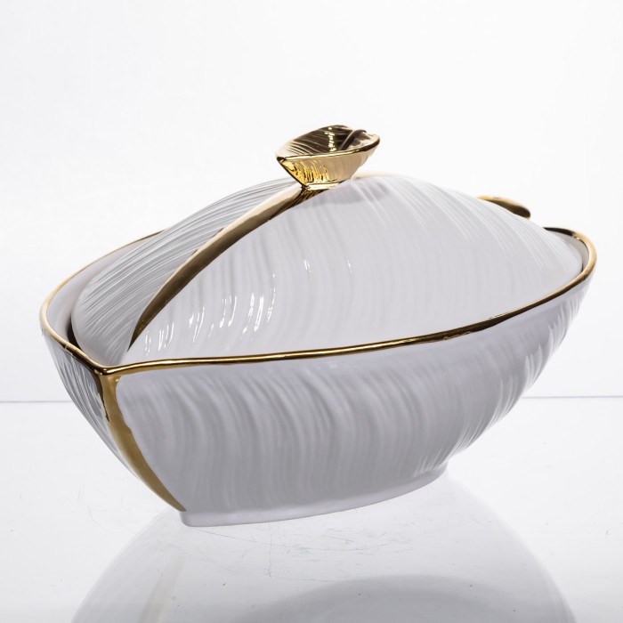 Супниця 800 (мл) порцелянова 32×21×16 (см) з кришкою Біла з золотом XL-4054AG (38202)