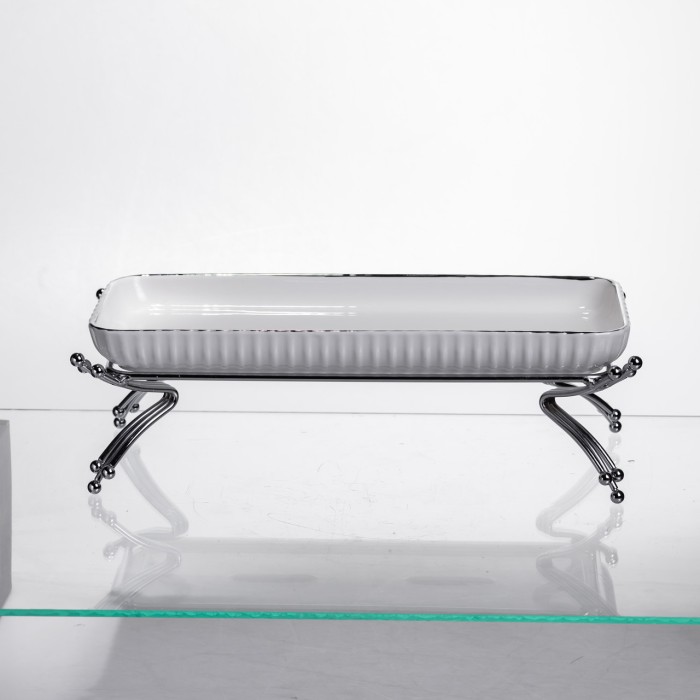 Порцелянове блюдо для сервірування на металевій підставці 29,5×12×9 (см) Біле зі сріблом LB-1565S (88273)