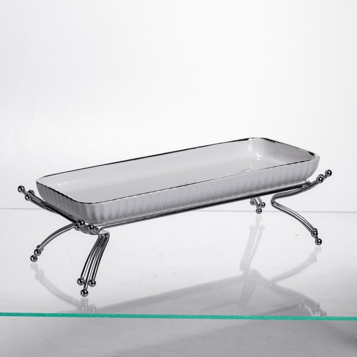 Порцелянове блюдо для сервірування на металевій підставці 29,5×12×9 (см) Біле зі сріблом LB-1565S (88273)