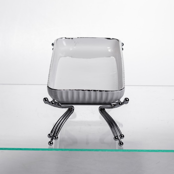 Порцелянове блюдо для сервірування на металевій підставці 29,5×12×9 (см) Біле зі сріблом LB-1565S (88273)