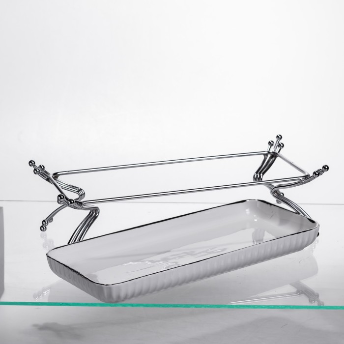 Порцелянове блюдо для сервірування на металевій підставці 29,5×12×9 (см) Біле зі сріблом LB-1565S (88273)