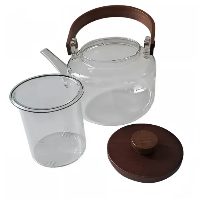 Заварник скляний для чаю 0.8 л Заварний чайник для заварювання з дерев'яною ручкою прозорий HP-34-38 (39788)