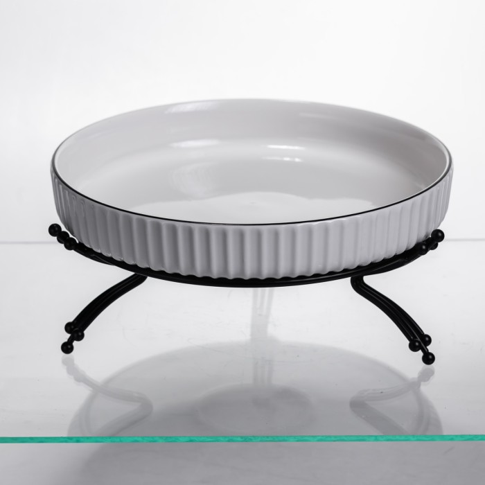 Фруктовниця порцелянова на металевій підставці Ø25 (см) кругла ваза цукерниця для фруктів Білий із чорним LB-1572B (13531)