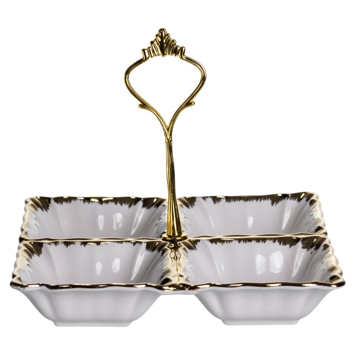 Менажниця порцелянова на 4 секції для закусок тарілка менажниця 18×18×3 (см) менажниця з ручкою Білий з золотом LC-BYL-100 (11724)