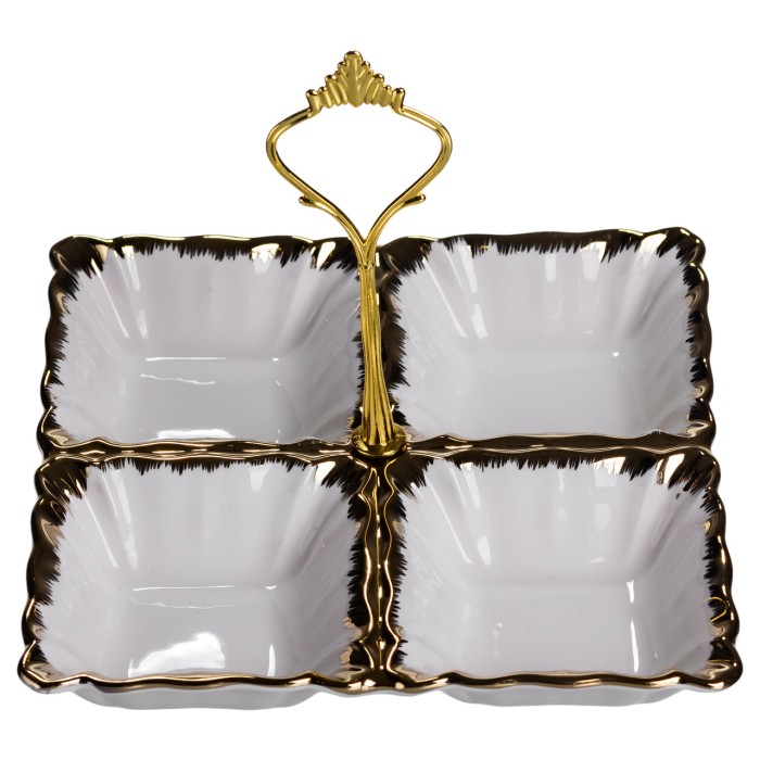 Менажниця порцелянова на 4 секції для закусок тарілка менажниця 18×18×3 (см) менажниця з ручкою Білий з золотом LC-BYL-100 (11724)