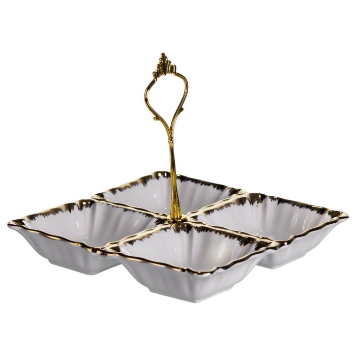 Менажниця порцелянова на 4 секції для закусок тарілка менажниця 18×18×3 (см) менажниця з ручкою Білий з золотом LC-BYL-100 (11724)