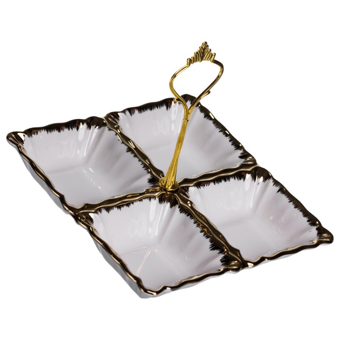 Менажниця порцелянова на 4 секції для закусок тарілка менажниця 18×18×3 (см) менажниця з ручкою Білий з золотом LC-BYL-100 (11724)
