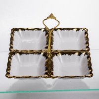 Менажниця порцелянова на 4 секції для закусок тарілка менажниця 22.5×22.5×3 (см) менажниця з ручкою Білий з золотом LC-BYL-101 (44820)