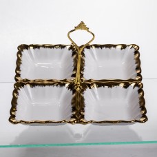 Менажниця порцелянова на 4 секції для закусок тарілка менажниця 22.5×22.5×3 (см) менажниця з ручкою Білий з золотом LC-BYL-101 (44820)