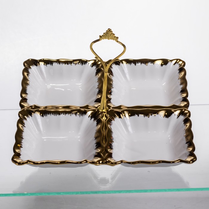Менажниця порцелянова на 4 секції для закусок тарілка менажниця 22.5×22.5×3 (см) менажниця з ручкою Білий з золотом LC-BYL-101 (44820)