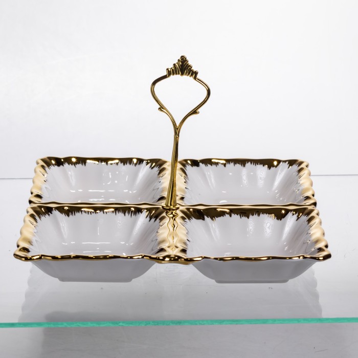 Менажниця порцелянова на 4 секції для закусок тарілка менажниця 22.5×22.5×3 (см) менажниця з ручкою Білий з золотом LC-BYL-101 (44820)