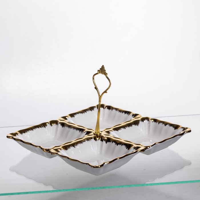 Менажниця порцелянова на 4 секції для закусок тарілка менажниця 22.5×22.5×3 (см) менажниця з ручкою Білий з золотом LC-BYL-101 (44820)