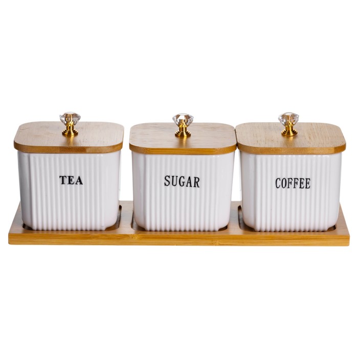 Набір порцелянових квадратних банок для сипучіх на підставці 3 шт. по 350 (мл) для чаю кави цукру SCT-643 (75663)