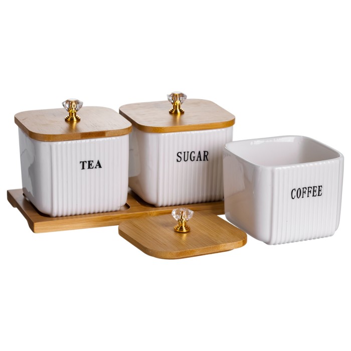Набір порцелянових квадратних банок для сипучіх на підставці 3 шт. по 350 (мл) для чаю кави цукру SCT-643 (75663)