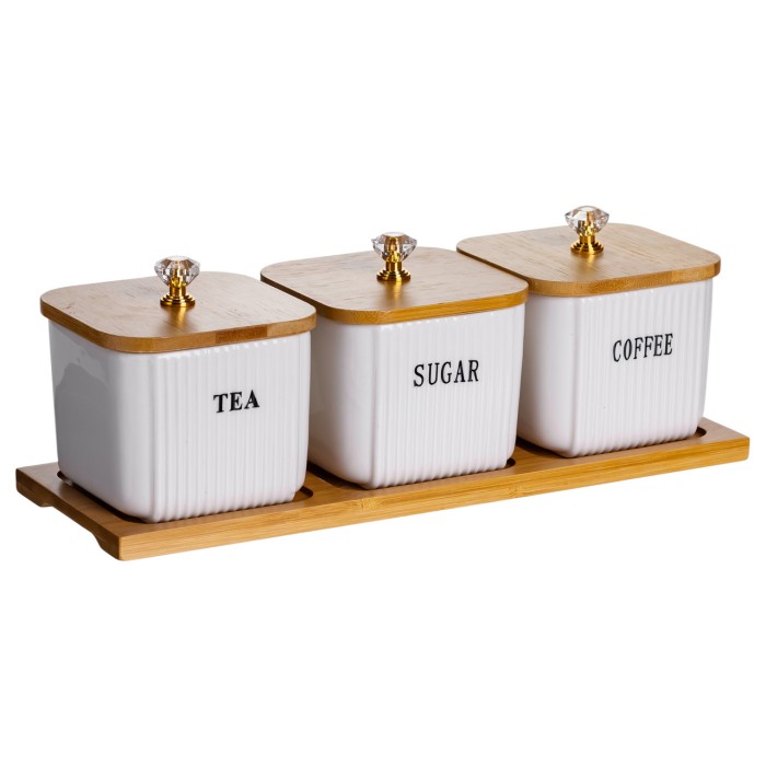 Набір порцелянових квадратних банок для сипучіх на підставці 3 шт. по 350 (мл) для чаю кави цукру SCT-643 (75663)