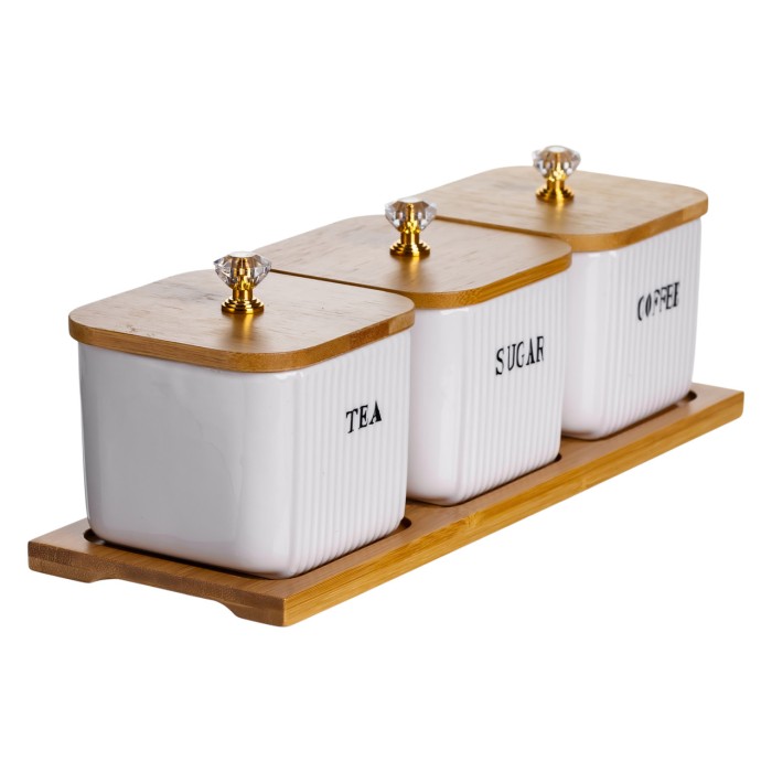 Набір порцелянових квадратних банок для сипучіх на підставці 3 шт. по 350 (мл) для чаю кави цукру SCT-643 (75663)